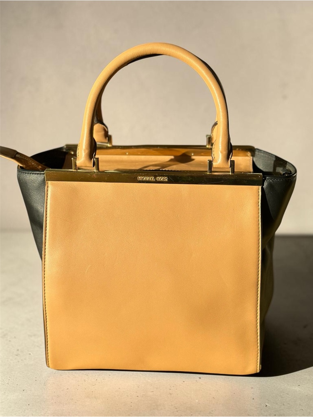 Michael Kors Lana Tan and Black Leather Structured Satchel